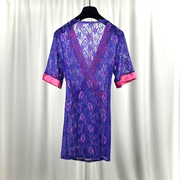 Vintage Purple Lace Wrap Robe Pink Satin Trim 80s Lingerie - Picture 10 of 16